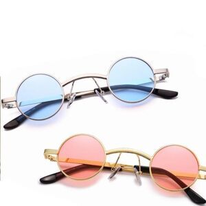 Pink Small Round Lens Gold Metal Frame Sunglasses Sunnies Y2K NEW